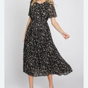 Baltic Born Belfast Pleated MIDI Dress Womans Sz XL Black Chiffon Floral Print